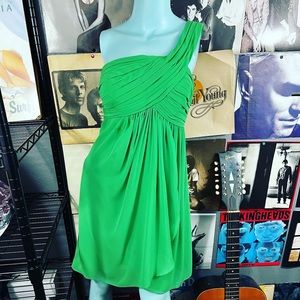 💚WORN ONCE BILL LEVKOFF KELLY GREEN GREEK ONE SHOULDER CHIFFON FORMAL DRESS